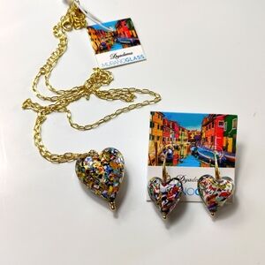 Dyadema Murano Glass Heart Necklace & Earrings Set – Multicolor Venetian Glass